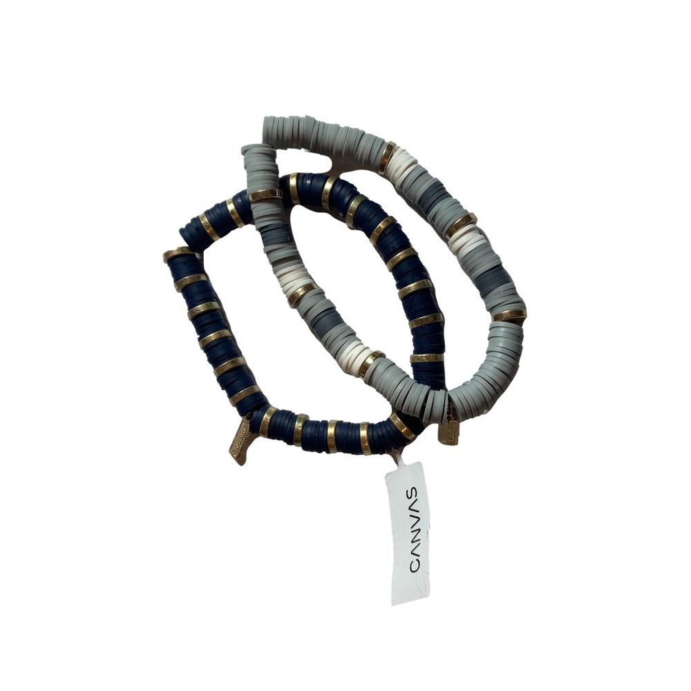 Canvas Bracelet Lot of 2 Stretch Navy White Gray Gold Tone Beaded Boho Stackable